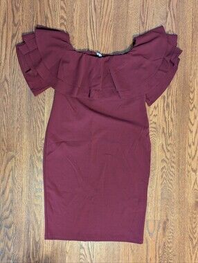 PinkBlush Maternity Off-Shoulder Ruffle Bodycon Dress in Burgundy Size Medium